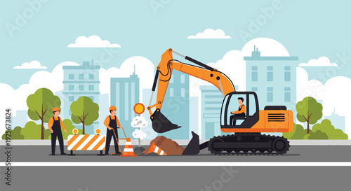 Modern vector illustration of public works department repairing road and infrastructure representing maintenance, development and essential government service