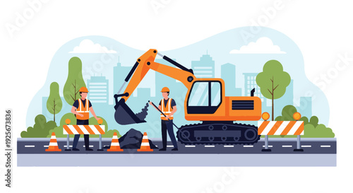 Modern vector illustration of public works department repairing road and infrastructure representing maintenance, development and essential government service
