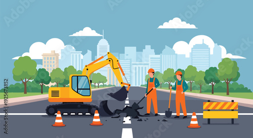Modern vector illustration of public works department repairing road and infrastructure representing maintenance, development and essential government service