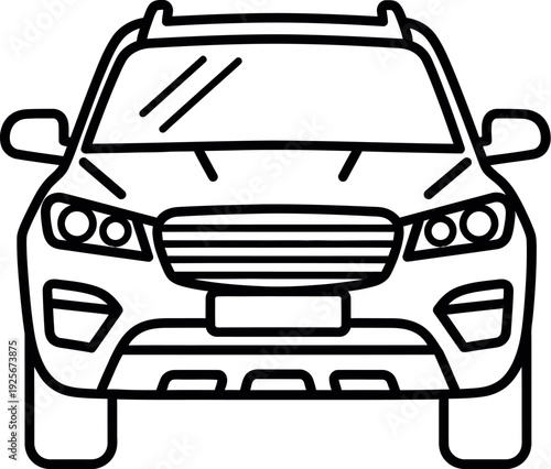 Simple black and white line art icon depicting the front view of a modern sport utility vehicle symbolizing transportation and travel adventure.