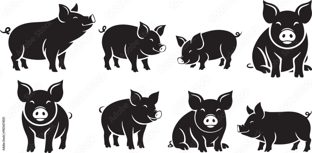 Obraz premium Set Of Eight Cartoon Pig Icons In Various Poses