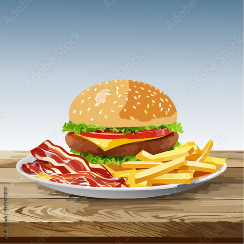 Delicious burger accompanied by crispy bacon and golden fries on a wooden table