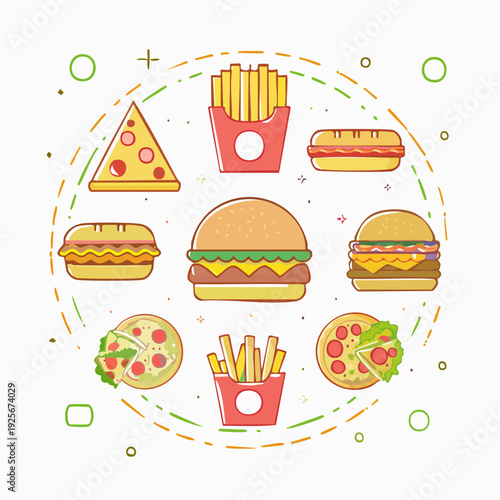Delicious and Colorful Fast Food Illustration Representing Unhealthy Eating Habits on White