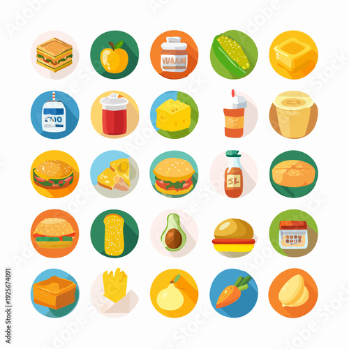 Delicious Food Icons Vector Collection Displaying Various Dishes and Ingredients