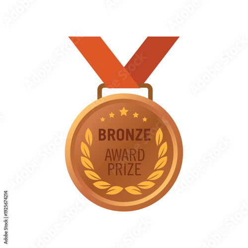 Bronze Medal Award with Red Neck Ribbon. Third Place Winner Prize Medal. Vector Illustration