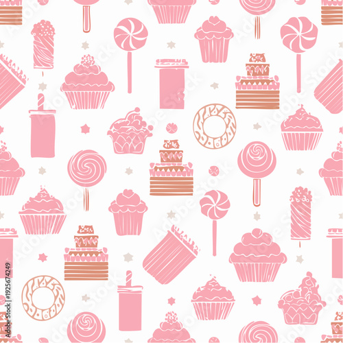 Delightful confectionery pattern with cupcakes, lollipops and cakes in pastel tones