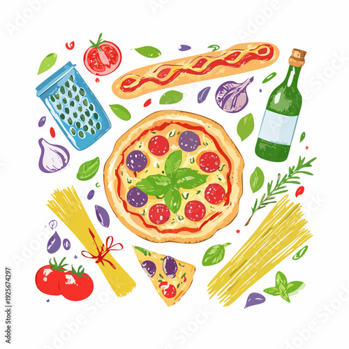 Delightful Italian Food Ingredients Composition with Pizza and Wine Presentation