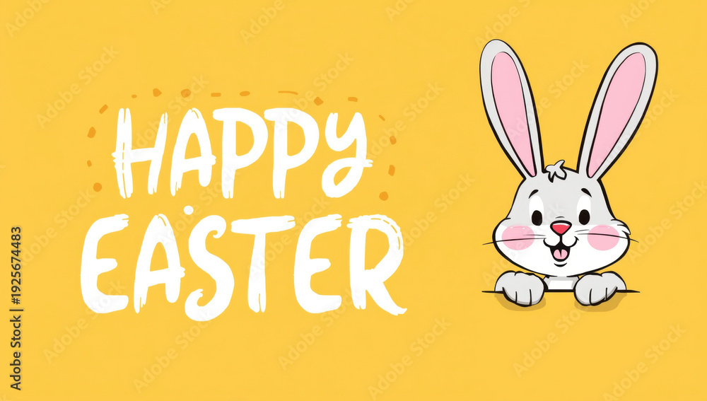 Fototapeta premium Happy Easter cartoon bunny with pink ears and rosy cheeks on yellow background rabbit