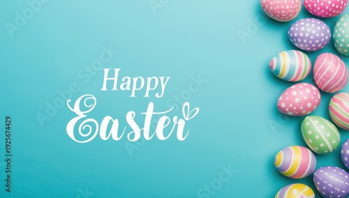 Colorful easter eggs with white polka dots and stripes on turquoise background with happy easter text