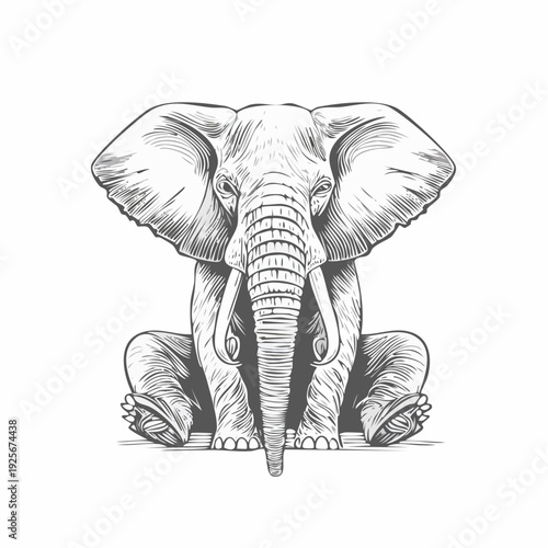 Detailed hand drawn illustration of an elephant sitting on the ground attentively watching ahead