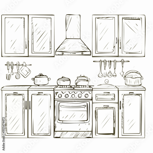 Detailed kitchen sketch featuring cabinets stove hood and cooking utensils illustration