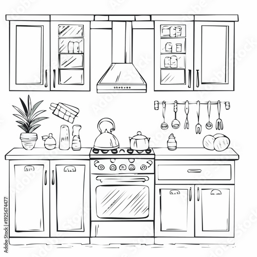 Detailed kitchen drawing showcasing cabinets stove and various kitchen utensils