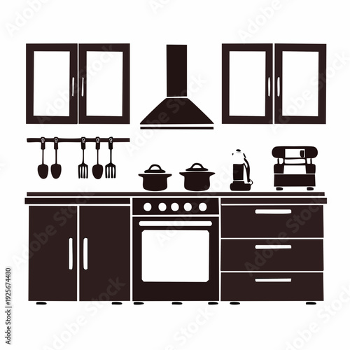 Detailed kitchen interior illustration featuring cabinets, oven, and various kitchenware displayed