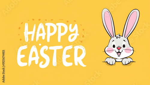 Happy Easter cartoon bunny with pink ears and rosy cheeks on yellow background rabbit