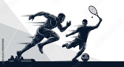 Dynamic Illustration of Tennis and Football Players in Action.