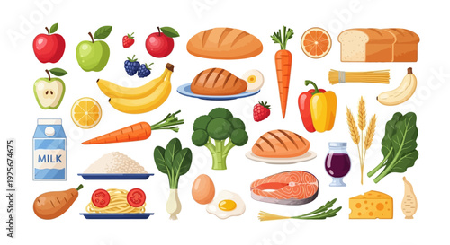 Assorted healthy food items including fruits, vegetables, dairy, and proteins.