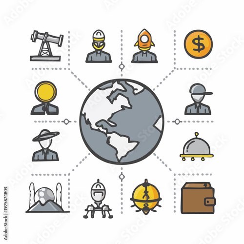 Diverse global professions connected around the world network represented in vector icons