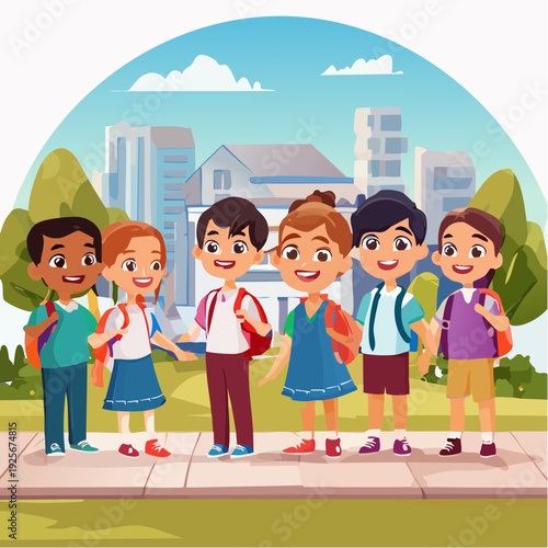 Diverse group of cheerful school children ready for education and learning together