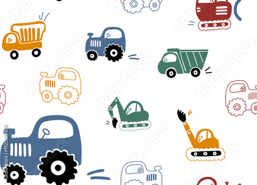 cute colorful cars and trucks seamless pattern, geometric baby wallpaper background 