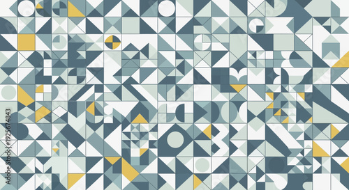 Geometric shapes in various shades of blue and yellow.