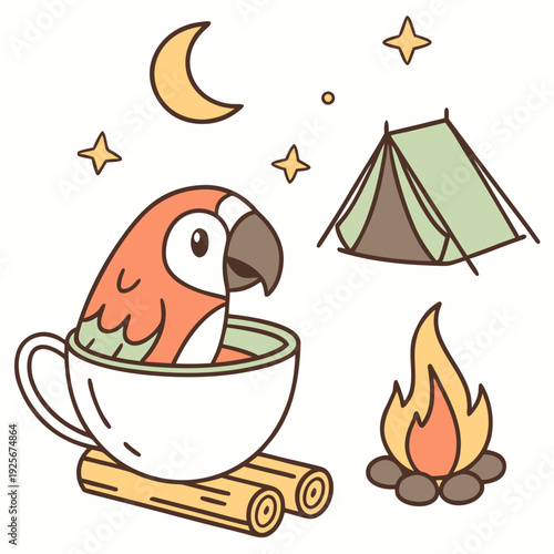Cute Curious Parrot, accessorized with in a teacup, in a Camping trip world – Campfire Glow palette vector