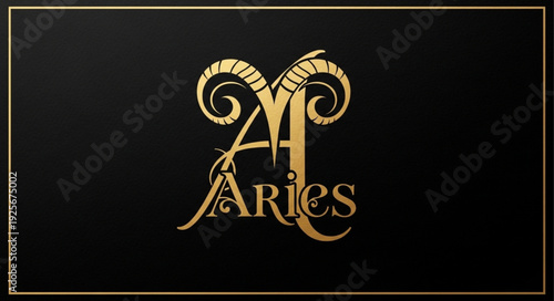 Golden Aries Zodiac Symbol with Ram Horns and Text.