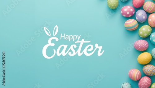 Happy Easter greeting with colorful eggs on teal background polka dots