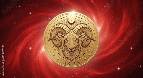 Golden Aries Zodiac Sign Coin with Ram Head and Stars.