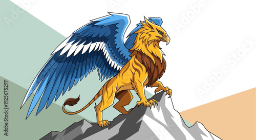 Illustration of a mythical Griffin standing on a mountain peak with outstretched wings.