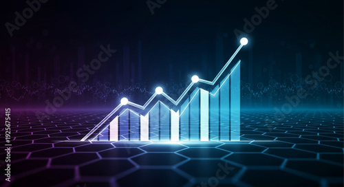 Glowing blue financial graph showing upward trend on dark background.