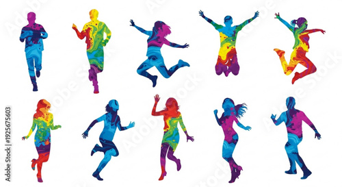 Multicolored people running and jumping in various dynamic poses with vibrant rainbow hues on white background for design and artistic projects