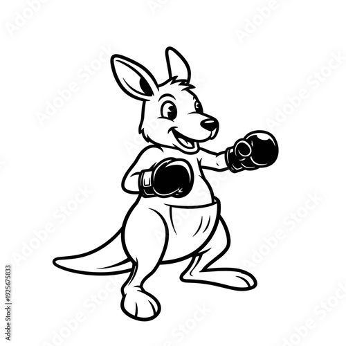 Happy cartoon kangaroo wearing boxing gloves ready to fight.