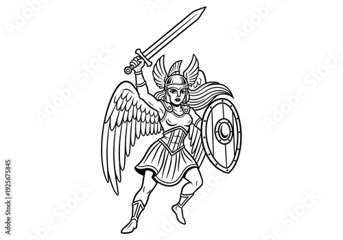 Valiant Valkyrie Warrior with Sword and Shield Line Art.