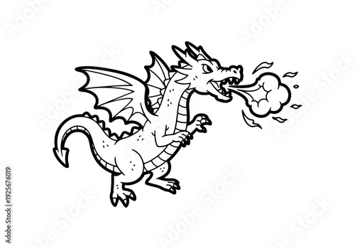 Cartoon Dragon Breathing Fire Line Art Illustration.