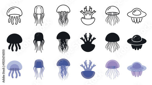 Set of jellyfish and sea life icons presented in three different styles, including simple line art, solid black silhouette, and modern flat color with blue and purple hues