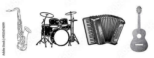 Four different musical instruments illustrated in various black and white artistic styles, featuring a line art saxophone, a silhouette drum kit, an engraved accordion, and a stippled guitar