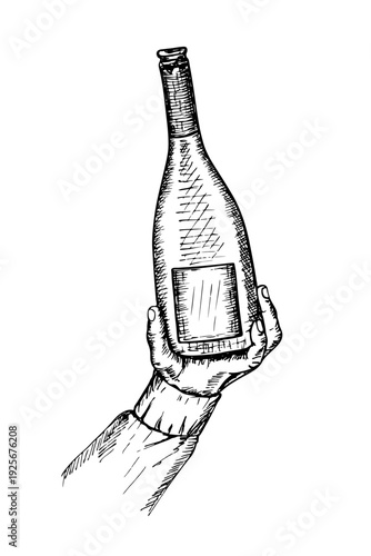 A hand holding a glass bottle with a blank label. Sketch illustration for restaurant menu, wine tasting, fine dining, etc. Hand drawn vector in engraving style, line art clipart