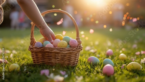 Child picking colorful easter eggs from wicker basket on green grass with flowers