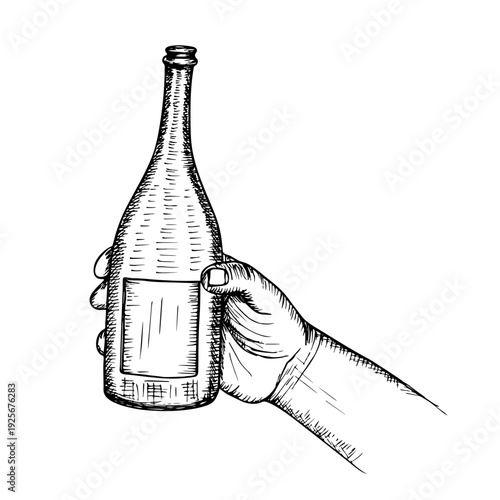 A detailed sketch of a hand firmly grasping a glass bottle with a blank label. Restaurant, winery concept. Hand-drawn sketch outline illustration, vector drawing in engraving style, line art clipart