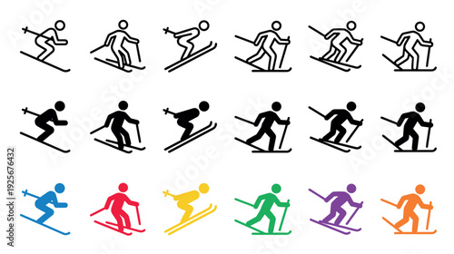 Collection of colorful and monochrome skier icons showing various skiing poses and styles, including downhill and cross-country, presented as a set of flat vector pictograms