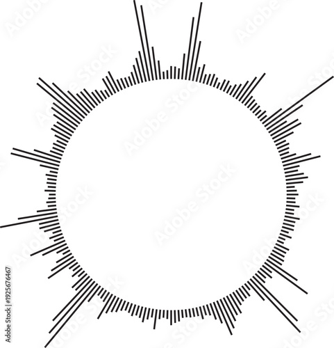 Vector circular sound wave pattern. Radial audio waveform illustration. Round equalizer with peaks.