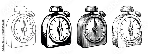 Set of four kitchen timer illustrations rendered in various black and white graphic styles, including continuous line art, bold ink, classic engraving, and stippling dotwork
