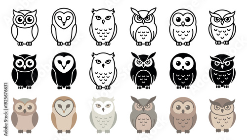Large collection of stylized owl icons presented in three different graphic styles including simple line art, solid black silhouette, and modern flat color vector illustrations
