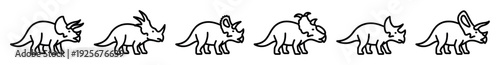 Set of six triceratops dinosaur icons in a simple black line art style, showing different variations of the prehistoric reptile in a horizontal row for a playful design
