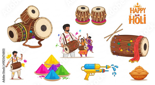 Vibrant holi festival celebration elements with drums colors and water guns on white background