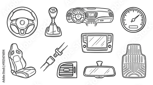 Collection of hand-drawn car interior parts including a steering wheel, dashboard, gear stick, and sports seat, illustrated in a black and white doodle line art style