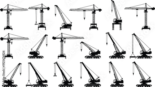 Construction crane silhouettes, tower cranes, mobile cranes, crawler cranes, gantry cranes, heavy machinery illustration, industrial equipment icons, building site artwork