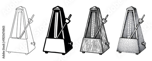 Set of four metronome illustrations showing different artistic styles including line art, silhouette, engraving, and stippling for musical concepts of rhythm and tempo