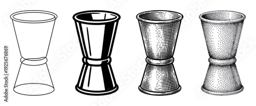 Collection of four bar jigger illustrations demonstrating different drawing techniques such as simple line art, solid fill, hatching, and stippling