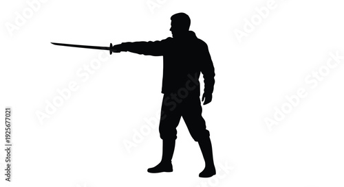 A warrior posed with a sword displaying a dynamic fighting stance silhouette